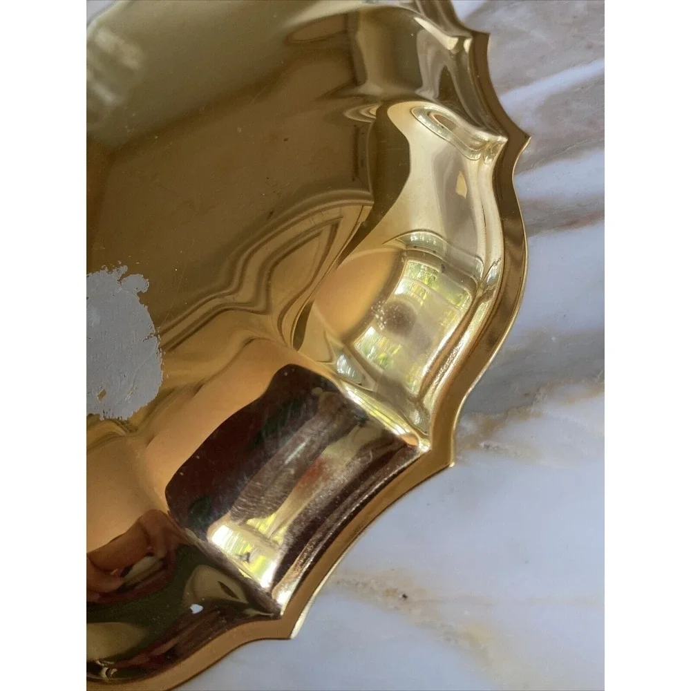 Vintage Gold Scalloped Oval Vanity Tray Decorative Metal Jewelry Trinket Dish